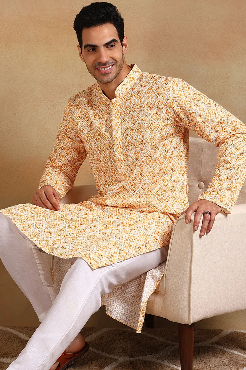 Yellow Geometric Mens Kurta - Embroidered Indian Kurta for Men