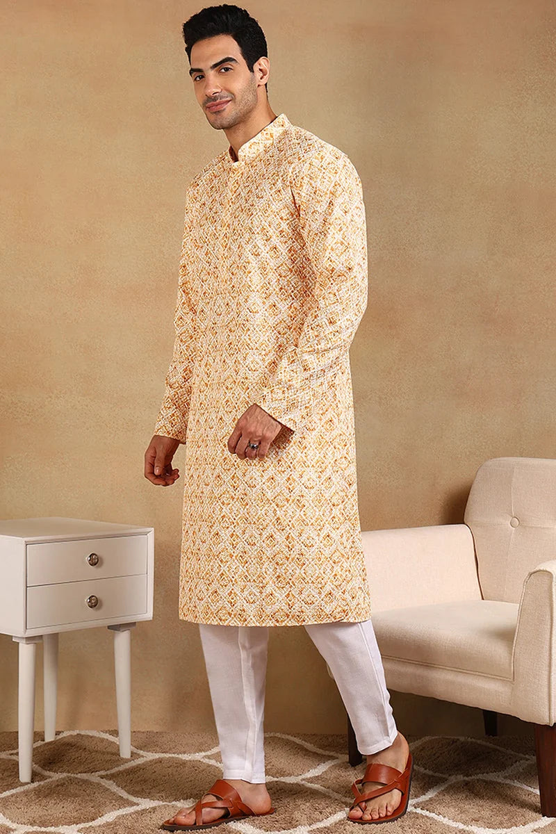Yellow Geometric Mens Kurta - Embroidered Indian Kurta for Men