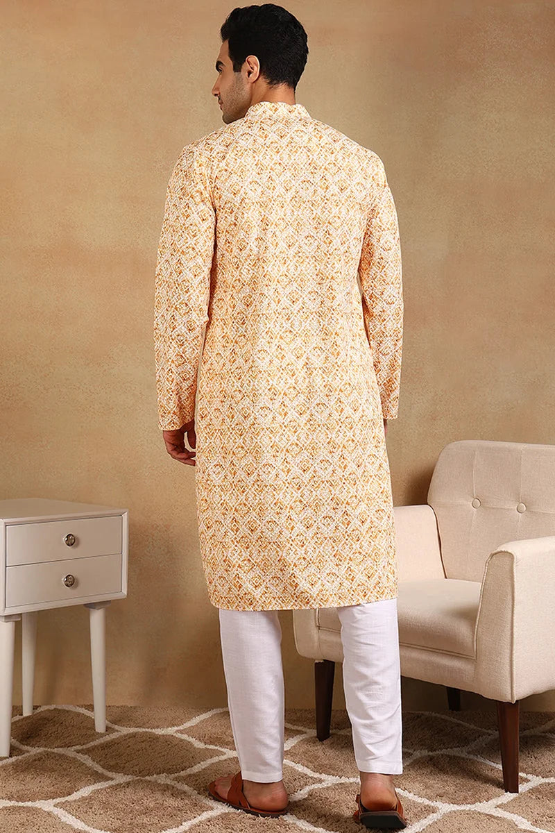 Yellow Geometric Mens Kurta - Embroidered Indian Kurta for Men