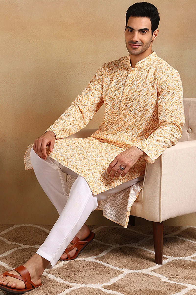 Yellow Geometric Mens Kurta - Embroidered Indian Kurta for Men