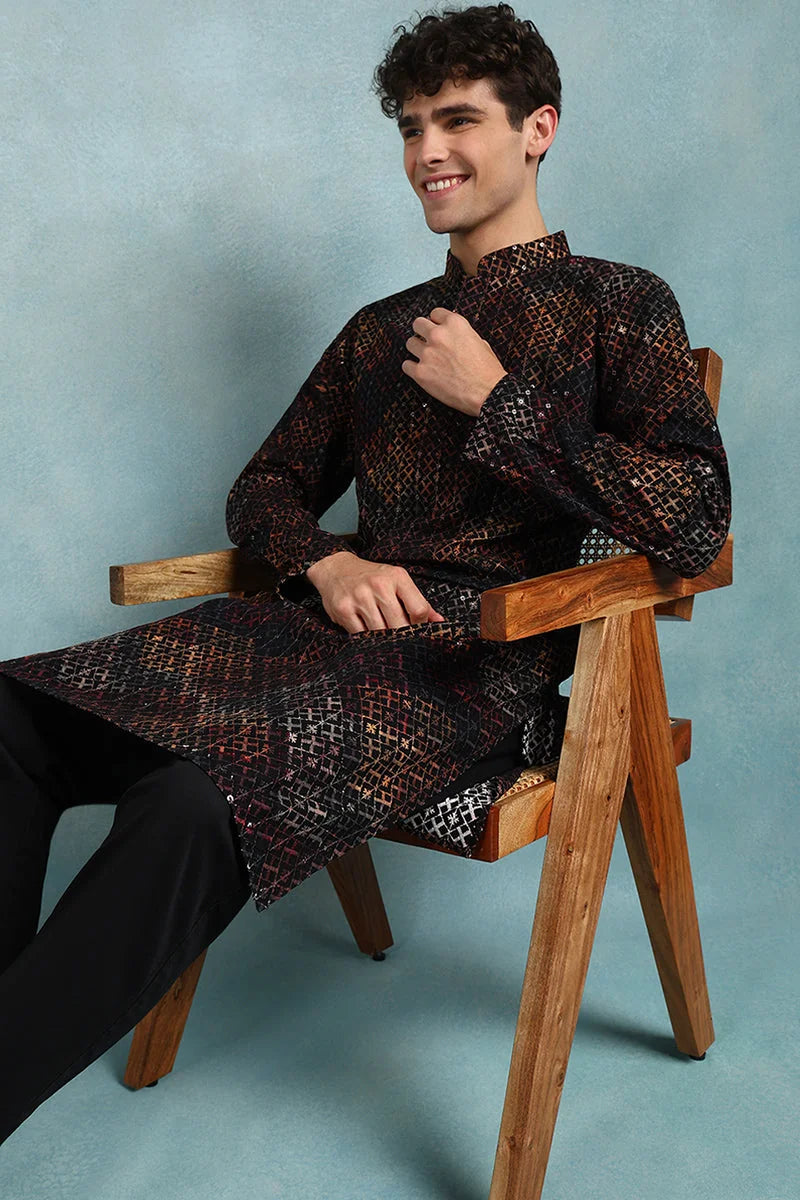 Black Ethnic Motifs Mens Kurta - Indian Kurta for Men | Ethnic...