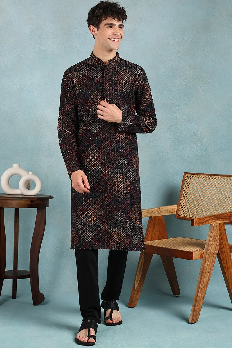 Black Ethnic Motifs Mens Kurta - Indian Kurta for Men | Ethnic...