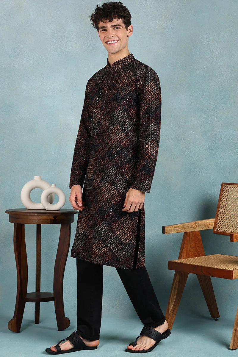 Black Ethnic Motifs Mens Kurta - Indian Kurta for Men | Ethnic...