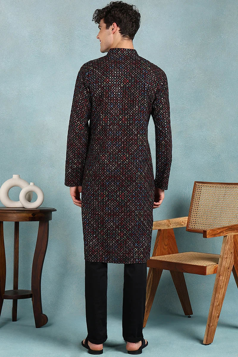Black Ethnic Motifs Men's Kurta - Shop Short Kurta For Men