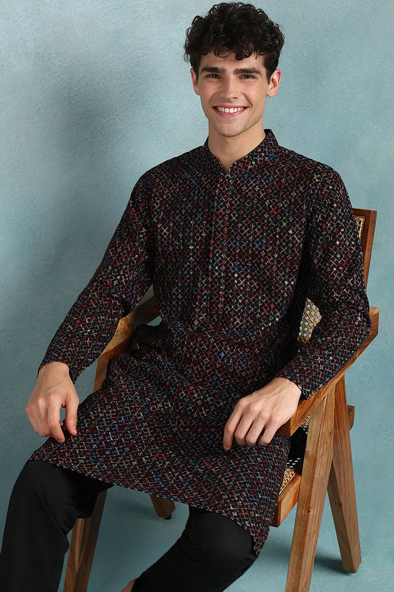 Black Ethnic Motifs Men's Kurta - Shop Short Kurta For Men