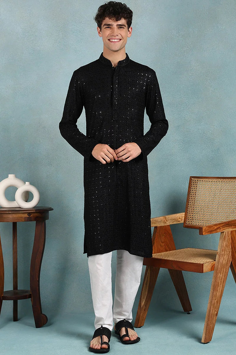 Black Embroidered Straight Mens Kurta - Indian Kurta for Men - Style 1