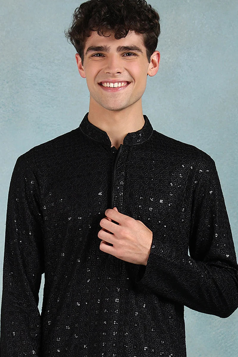 Black Embroidered Straight Mens Kurta - Indian Kurta for Men - Style 1