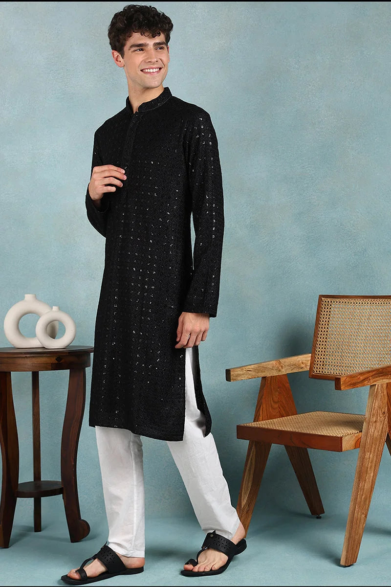 Black Embroidered Straight Mens Kurta - Indian Kurta for Men - Style 1
