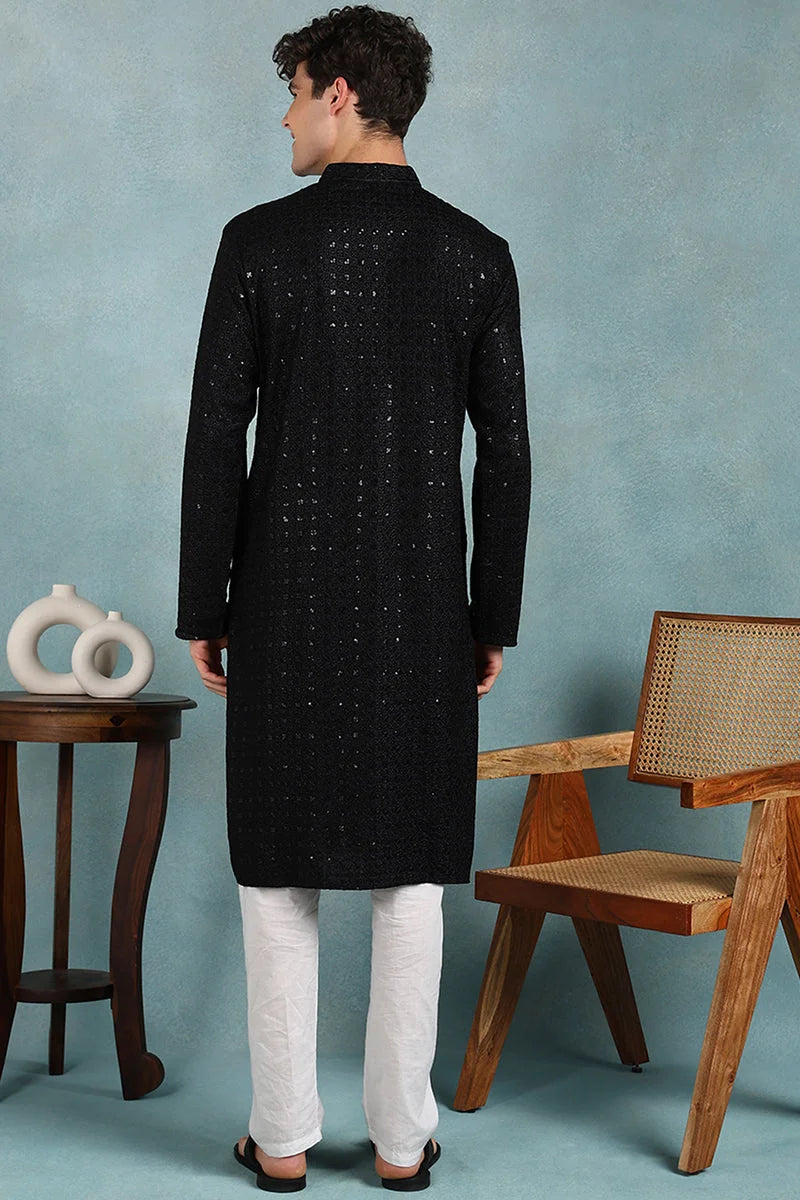 Black Embroidered Straight Mens Kurta - Indian Kurta for Men - Style 1