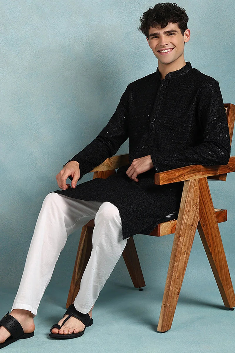Black Embroidered Straight Mens Kurta - Indian Kurta for Men - Style 1