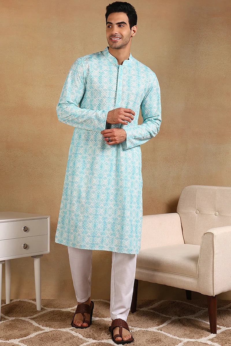 Turquoise Geometric Embroidered Kurta for Men | Mens Kurta