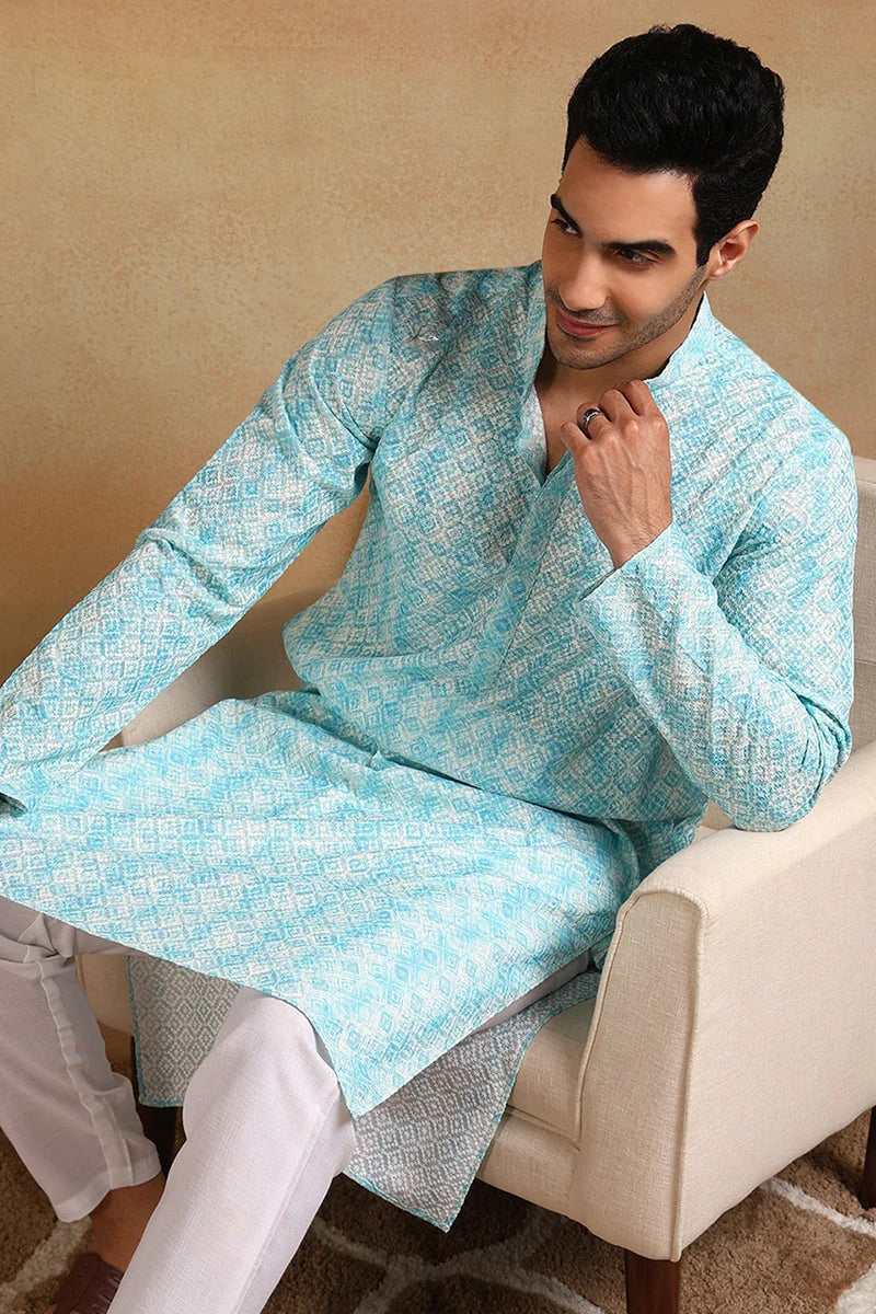 Turquoise Geometric Embroidered Kurta for Men | Mens Kurta