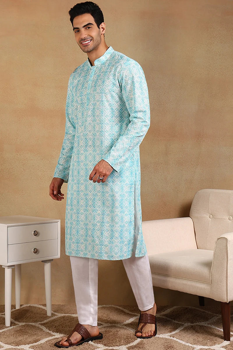 Turquoise Geometric Embroidered Kurta for Men | Mens Kurta