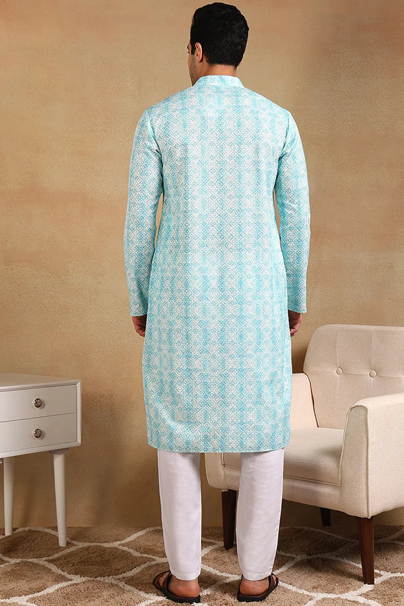 Turquoise Geometric Embroidered Kurta for Men | Mens Kurta