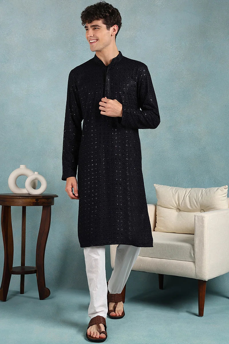 Navy Blue Embroidered Mens Kurta - Indian Kurta for Men | Ethn...