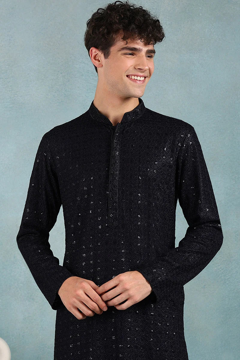 Navy Blue Embroidered Mens Kurta - Indian Kurta for Men | Ethn...