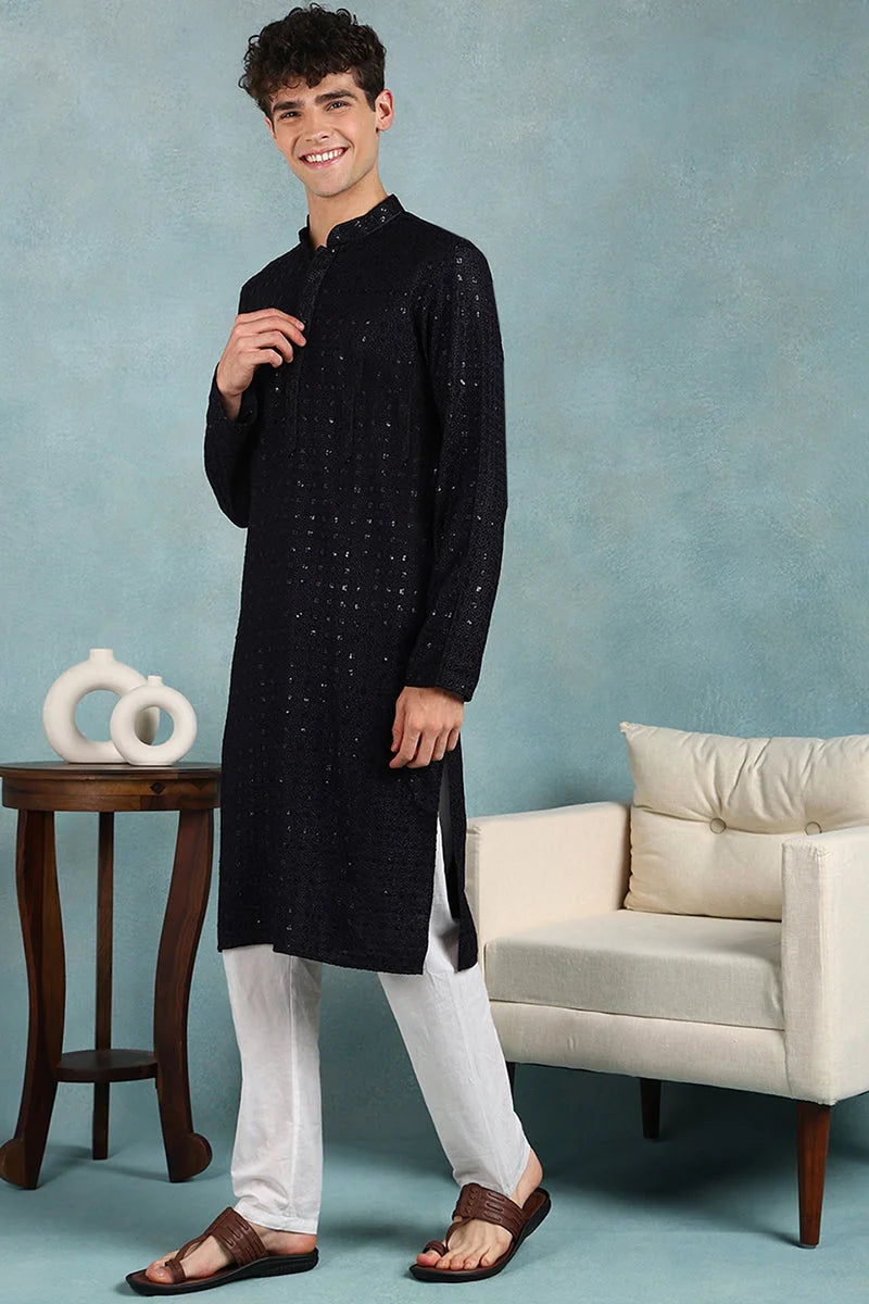 Navy Blue Embroidered Mens Kurta - Indian Kurta for Men | Ethn...
