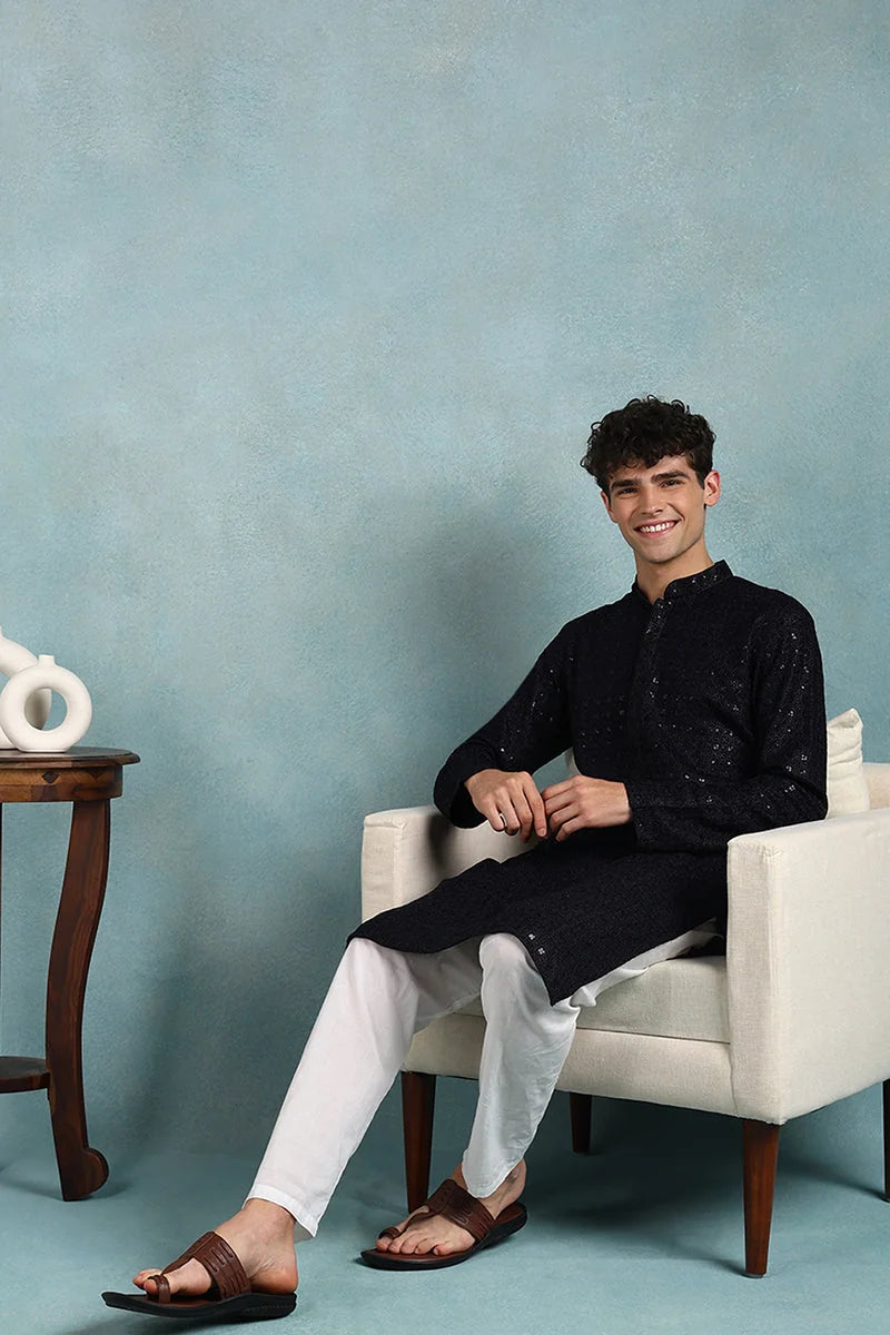 Navy Blue Embroidered Mens Kurta - Indian Kurta for Men | Ethn...