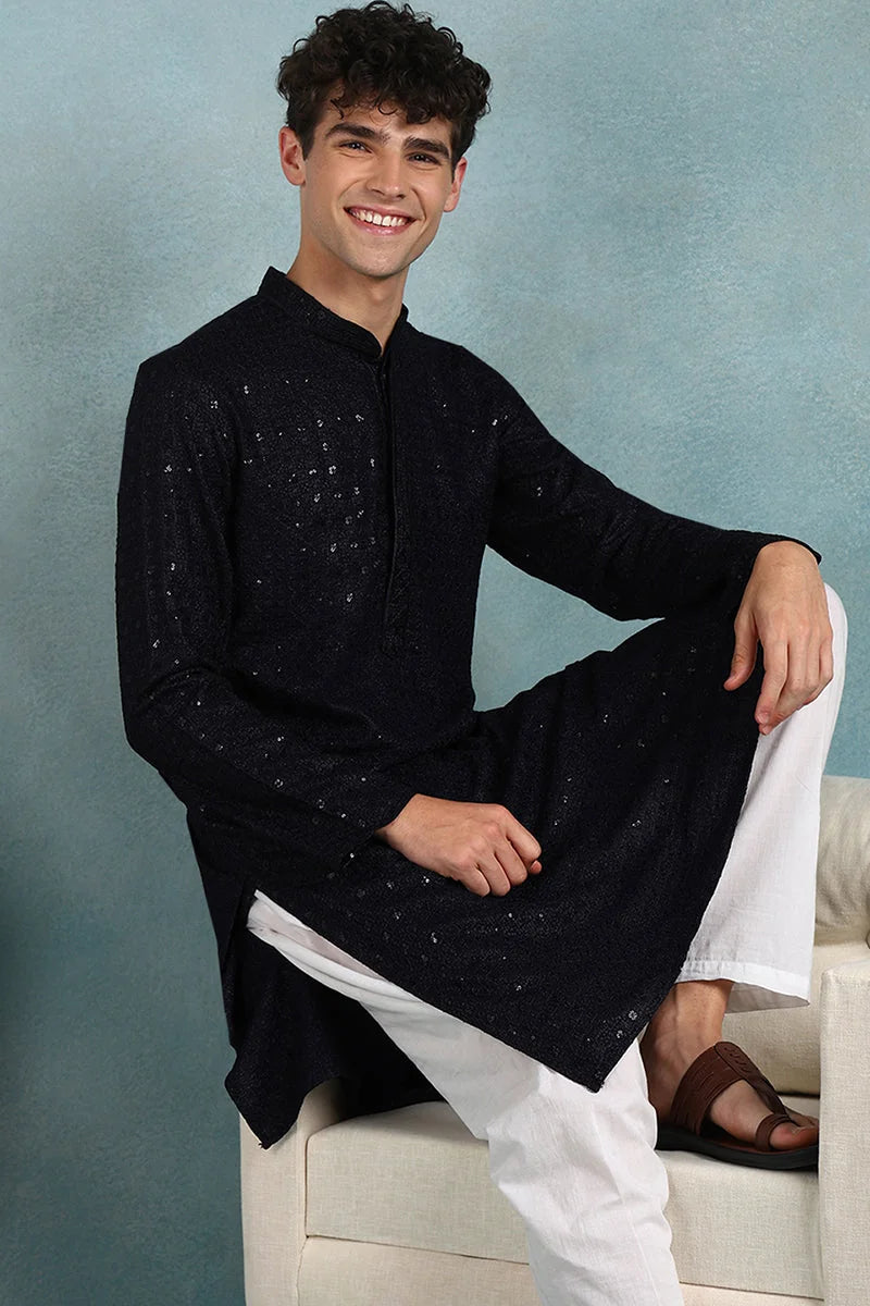 Navy Blue Embroidered Mens Kurta - Indian Kurta for Men | Ethn...