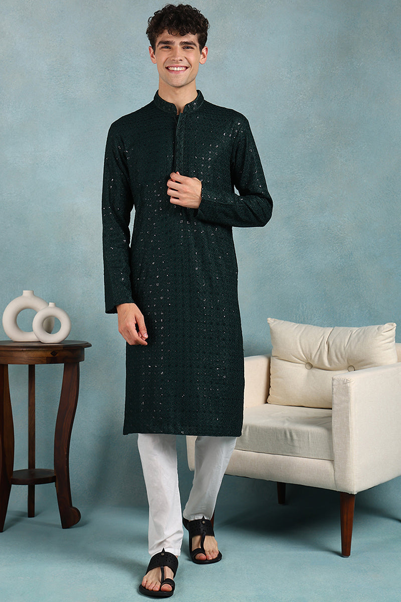 Green Embroidered Men's Kurta - Shop Indian Kurta For Men