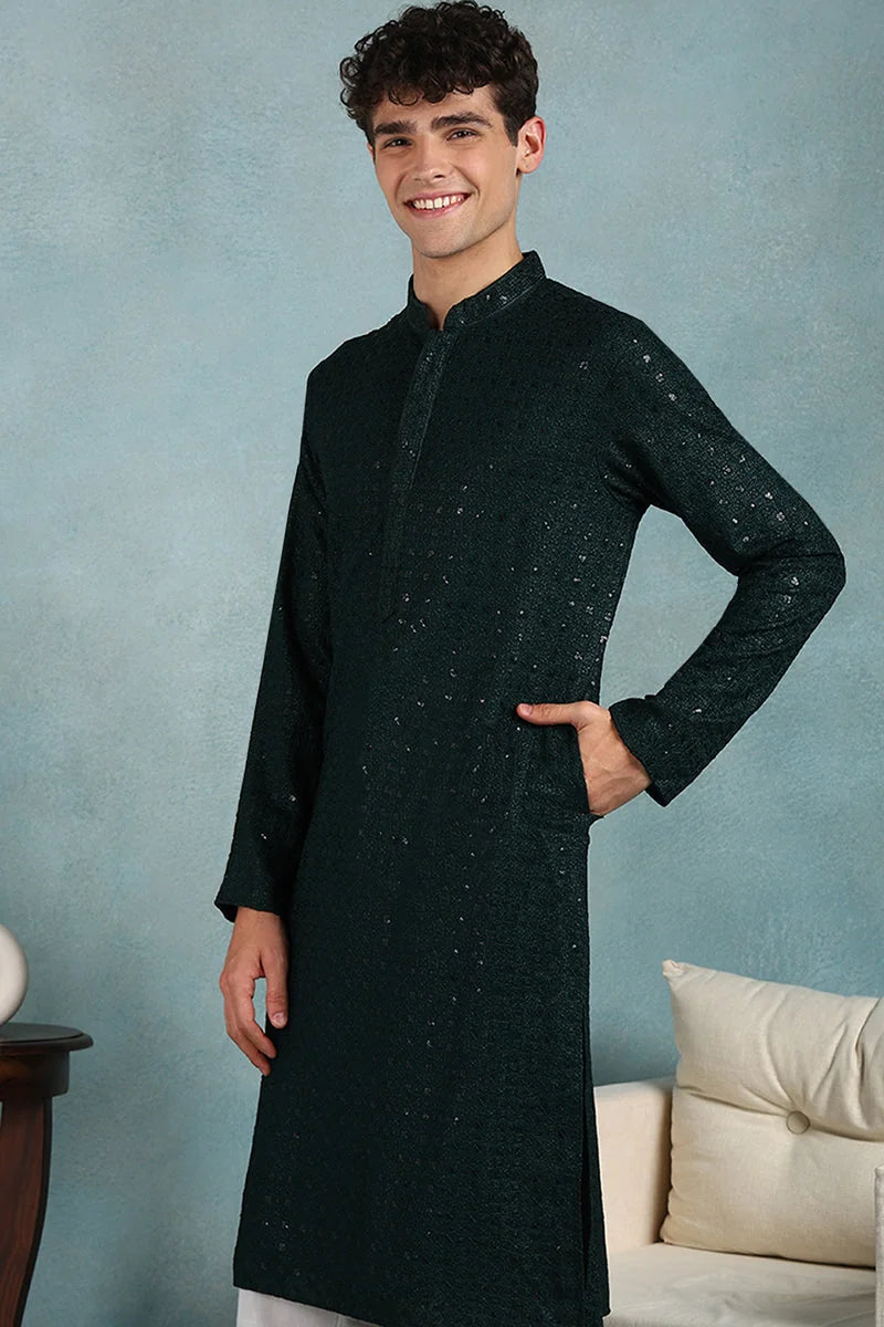 Green Embroidered Men's Kurta - Shop Indian Kurta For Men