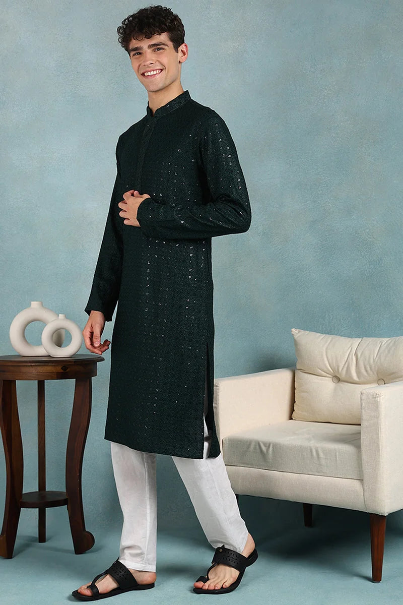 Green Embroidered Men's Kurta - Shop Indian Kurta For Men