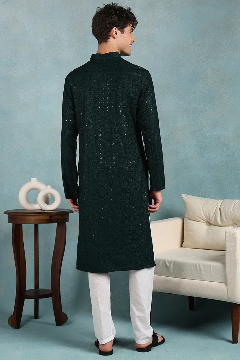 Green Embroidered Men's Kurta - Shop Indian Kurta For Men