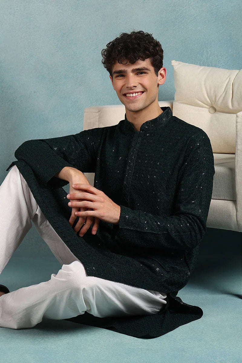 Green Embroidered Men's Kurta - Shop Indian Kurta For Men