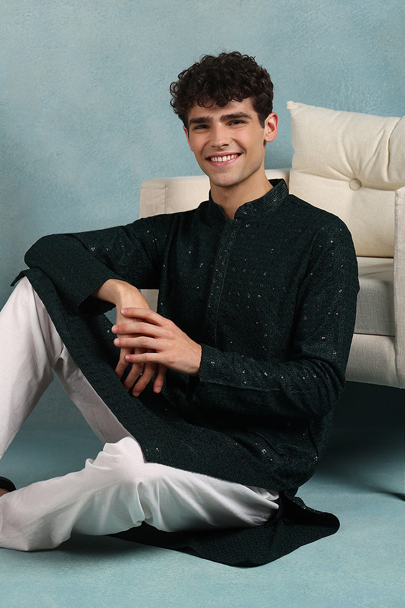 Green Embroidered Men's Kurta - Shop Indian Kurta For Men