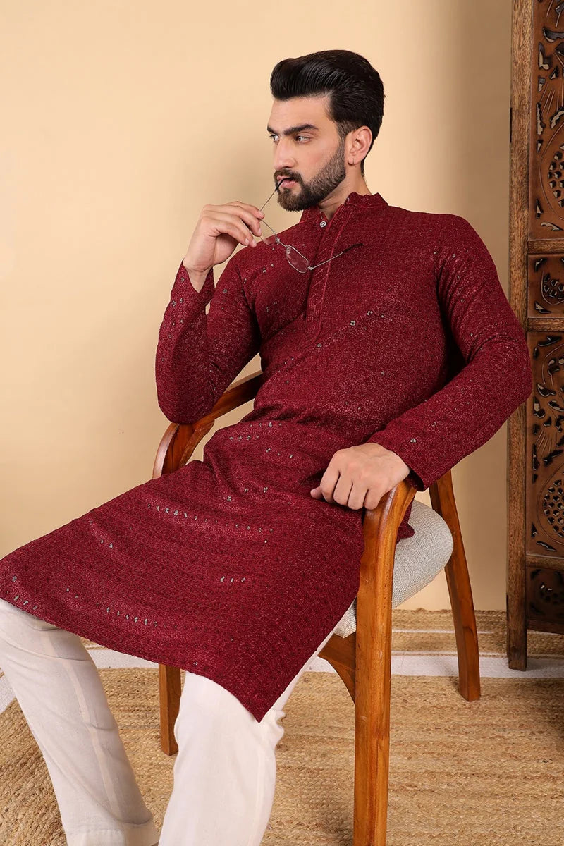 Maroon Embroidered Mens Kurta - Viscose Rayon Wedding Kurta
