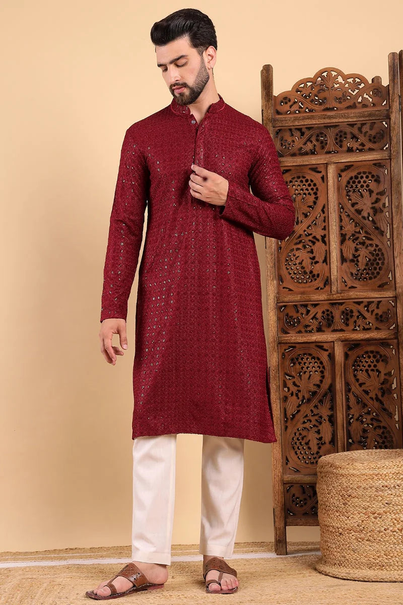 Maroon Embroidered Mens Kurta - Viscose Rayon Wedding Kurta