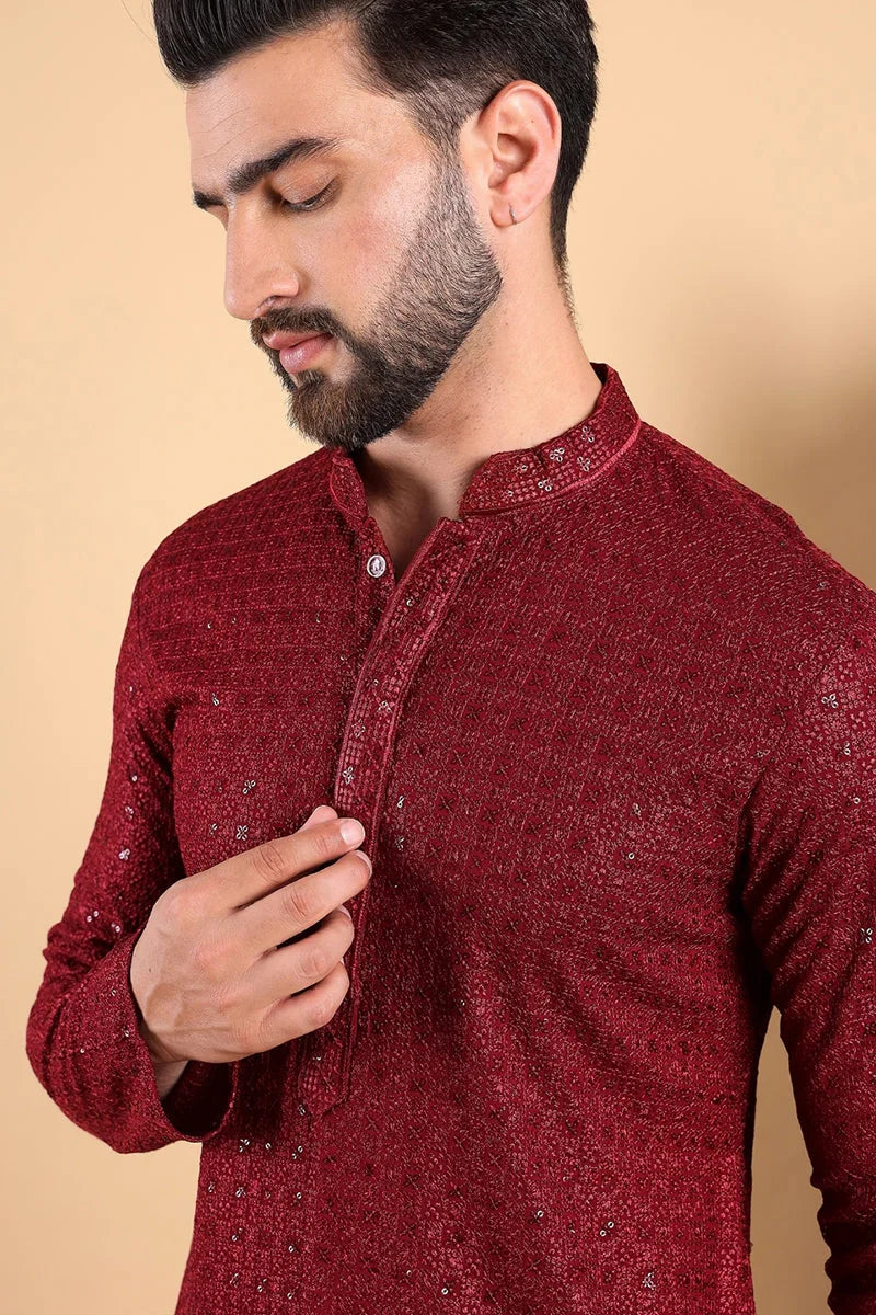 Maroon Embroidered Mens Kurta - Viscose Rayon Wedding Kurta