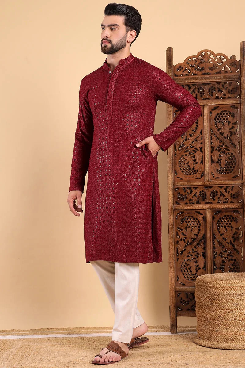 Maroon Embroidered Mens Kurta - Viscose Rayon Wedding Kurta