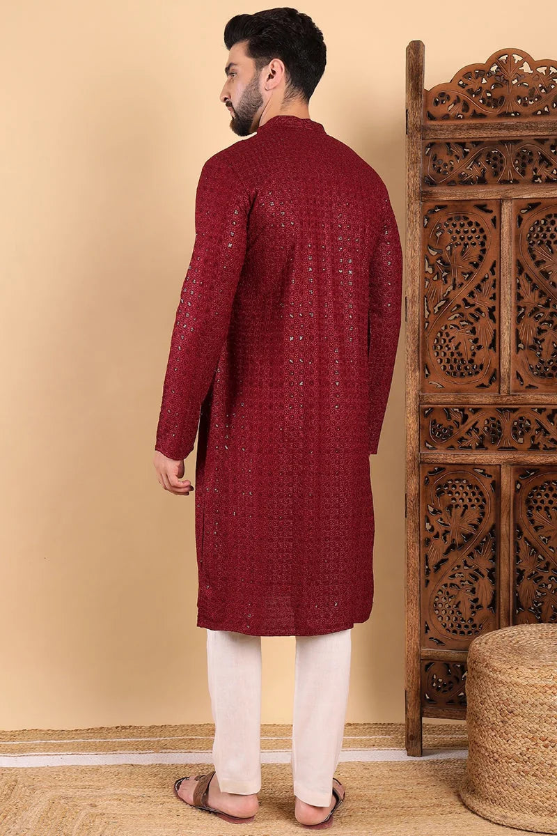 Maroon Embroidered Mens Kurta - Viscose Rayon Wedding Kurta