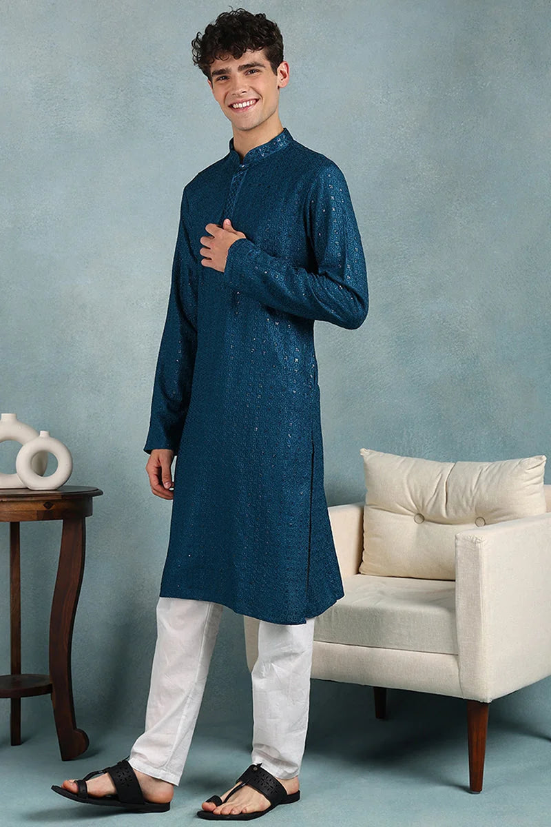 Teal Embroidered Mens Kurta - Viscose Rayon Indian Kurta