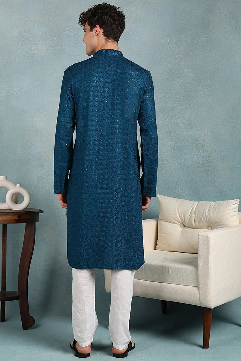 Teal Embroidered Mens Kurta - Viscose Rayon Indian Kurta