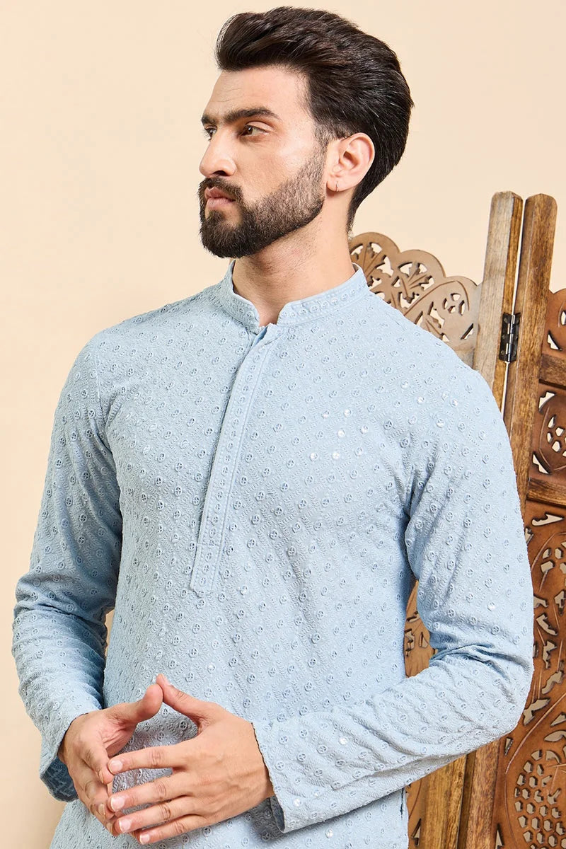Blue Embroidered Chikankari Indian Kurta for Men - Viscose