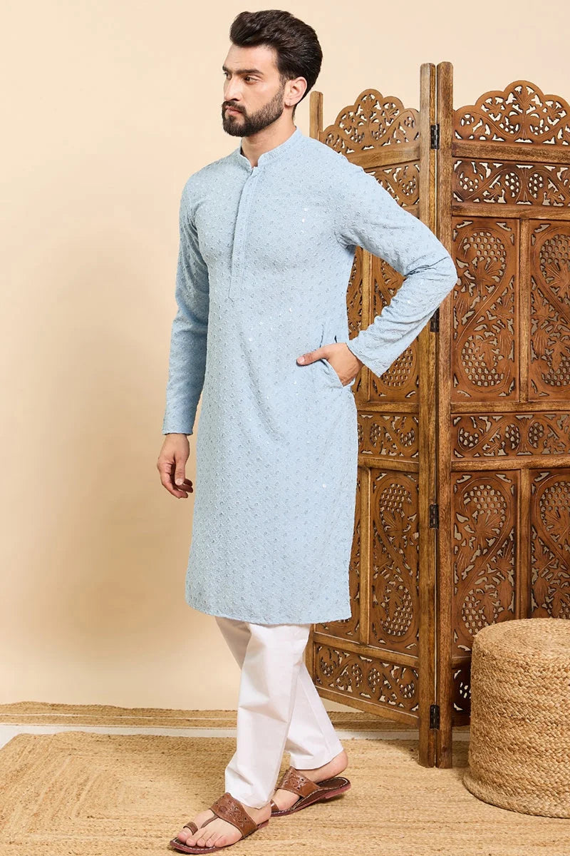Blue Embroidered Chikankari Indian Kurta for Men - Viscose