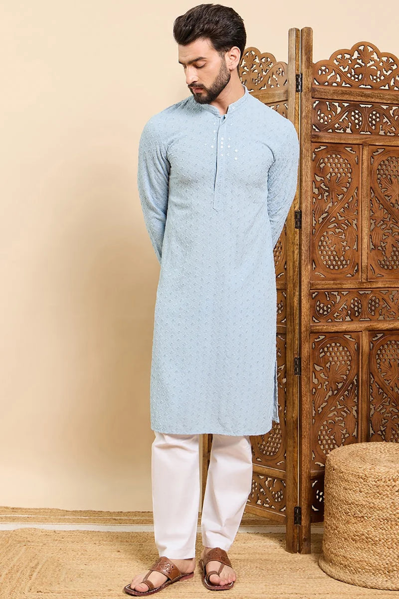 Blue Embroidered Chikankari Indian Kurta for Men - Viscose