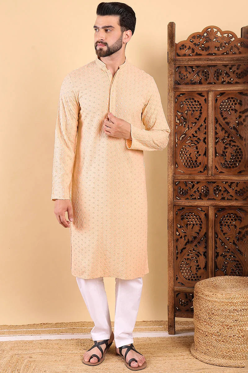 Cream Embroidered Men's Kurta - Indian Kurta for Men Online
