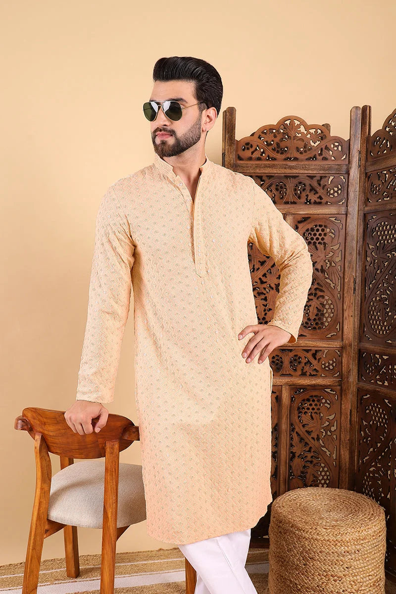 Cream Embroidered Men's Kurta - Indian Kurta for Men Online