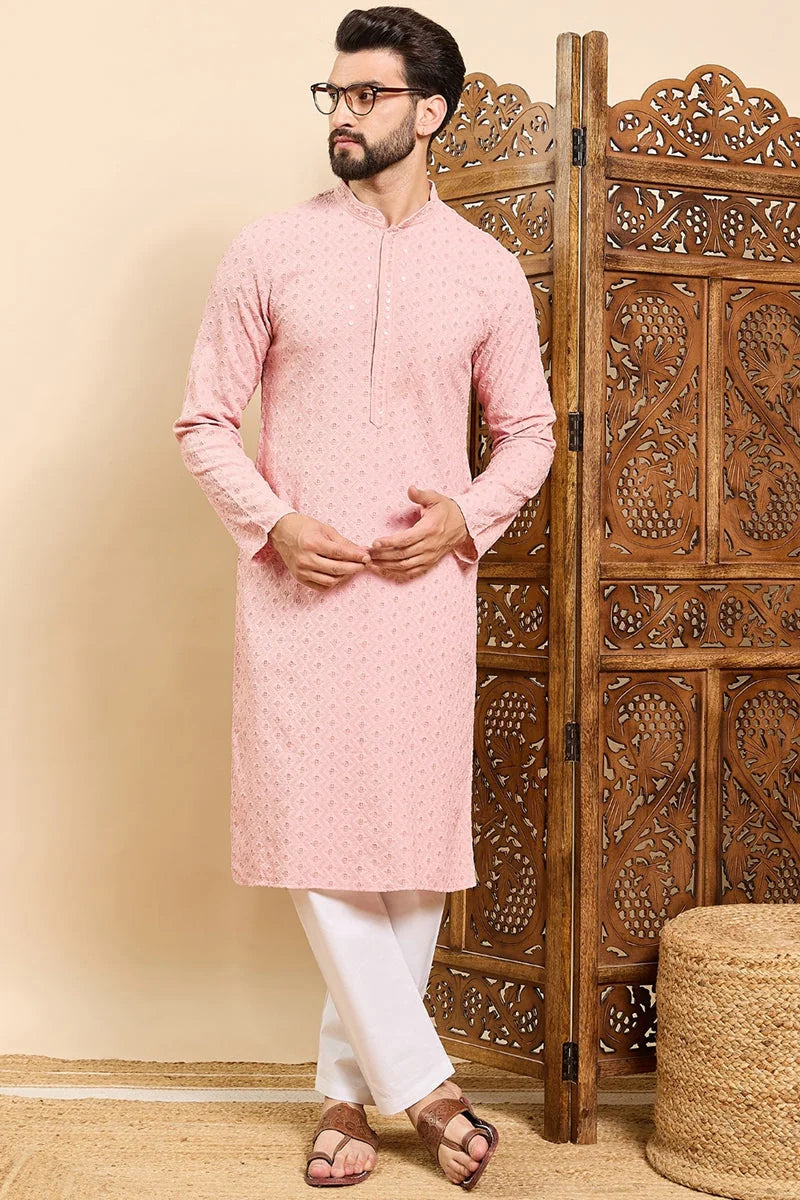Peach Chikankari Men's Kurta - Indian Kurta for Men | Ethnic Bay
