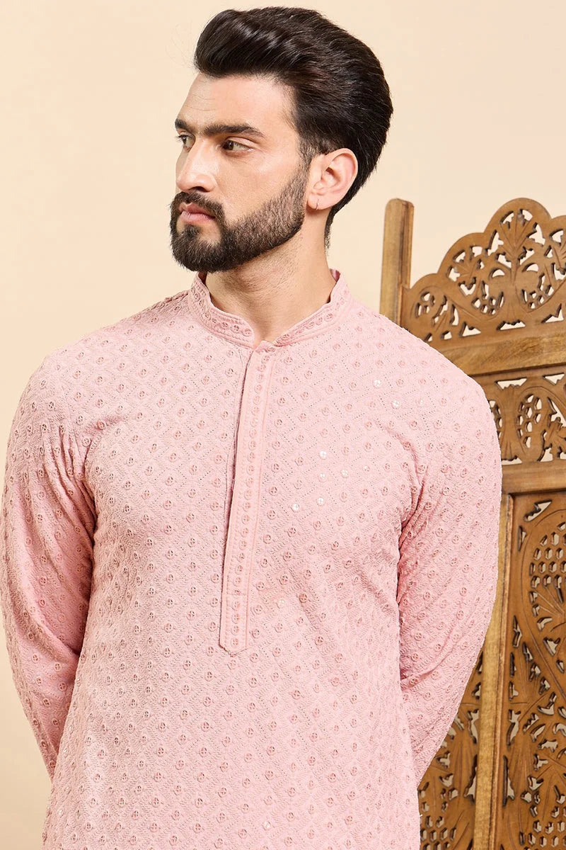 Peach Chikankari Men's Kurta - Indian Kurta for Men | Ethnic Bay
