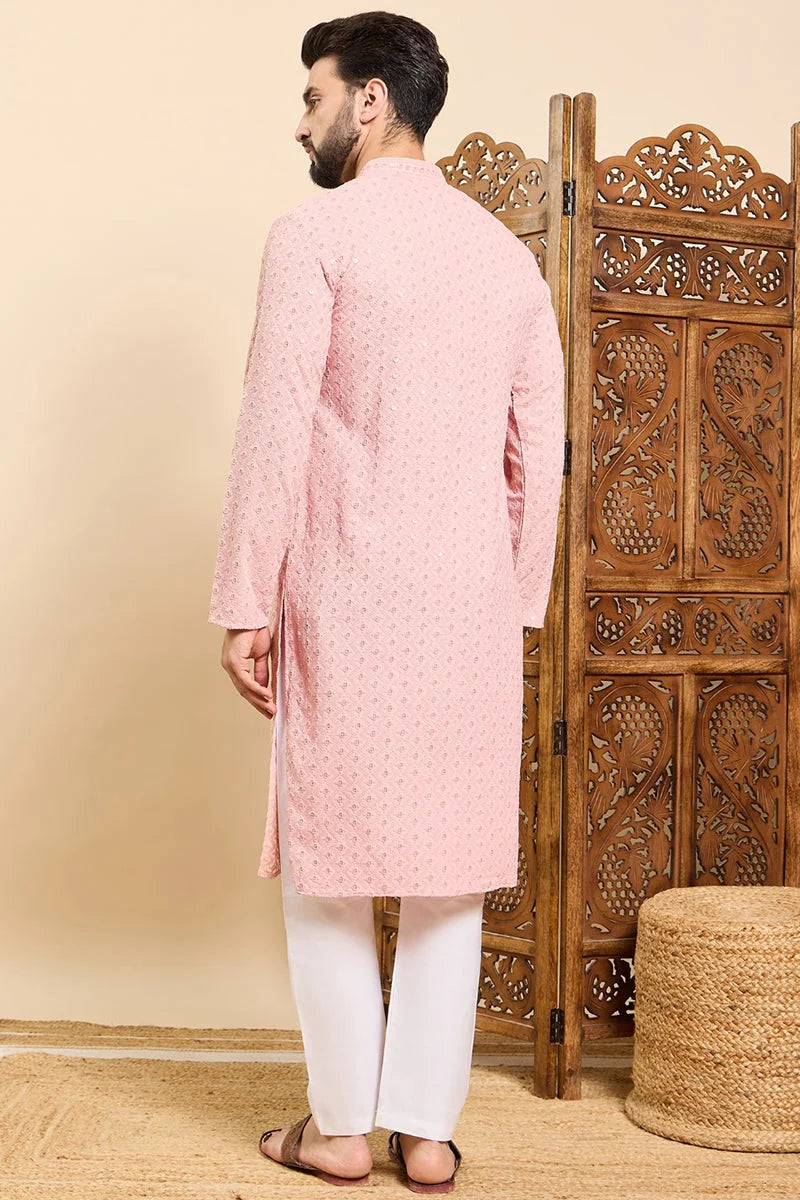 Peach Chikankari Men's Kurta - Indian Kurta for Men | Ethnic Bay