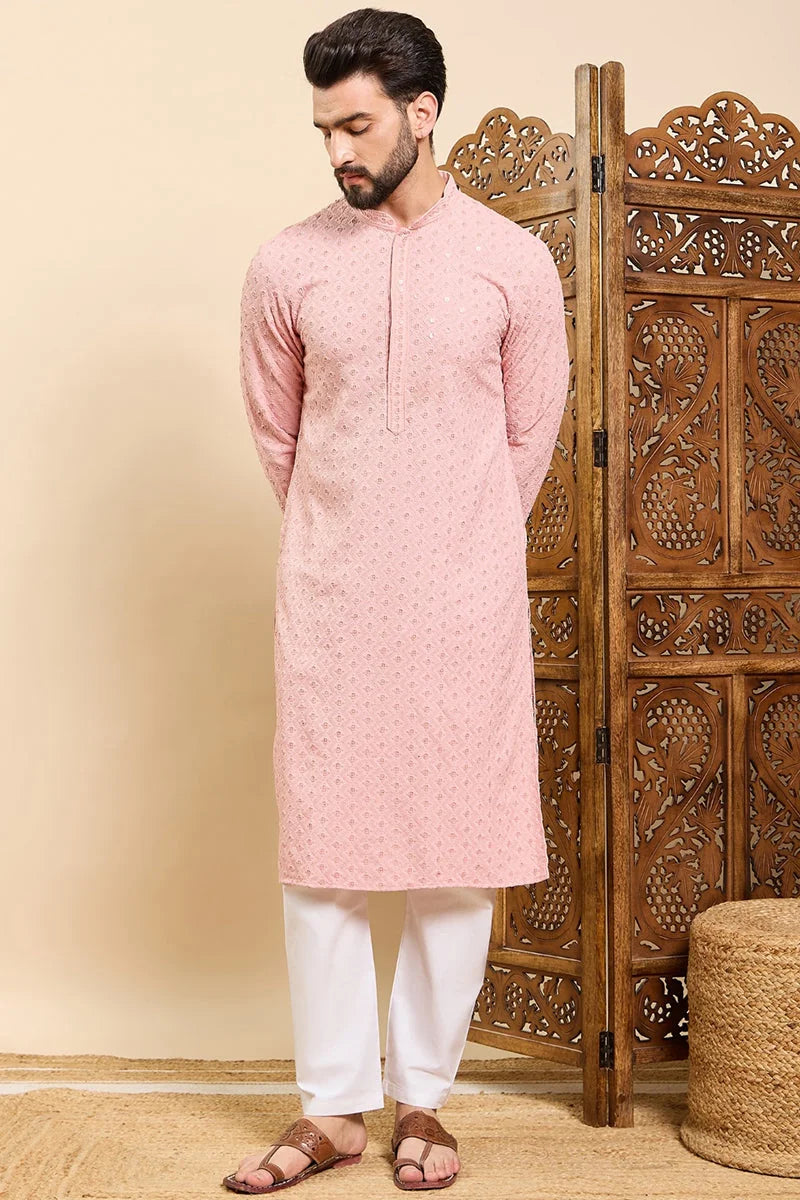 Peach Chikankari Men's Kurta - Indian Kurta for Men | Ethnic Bay