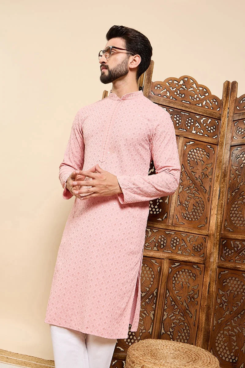 Peach Chikankari Men's Kurta - Indian Kurta for Men | Ethnic Bay