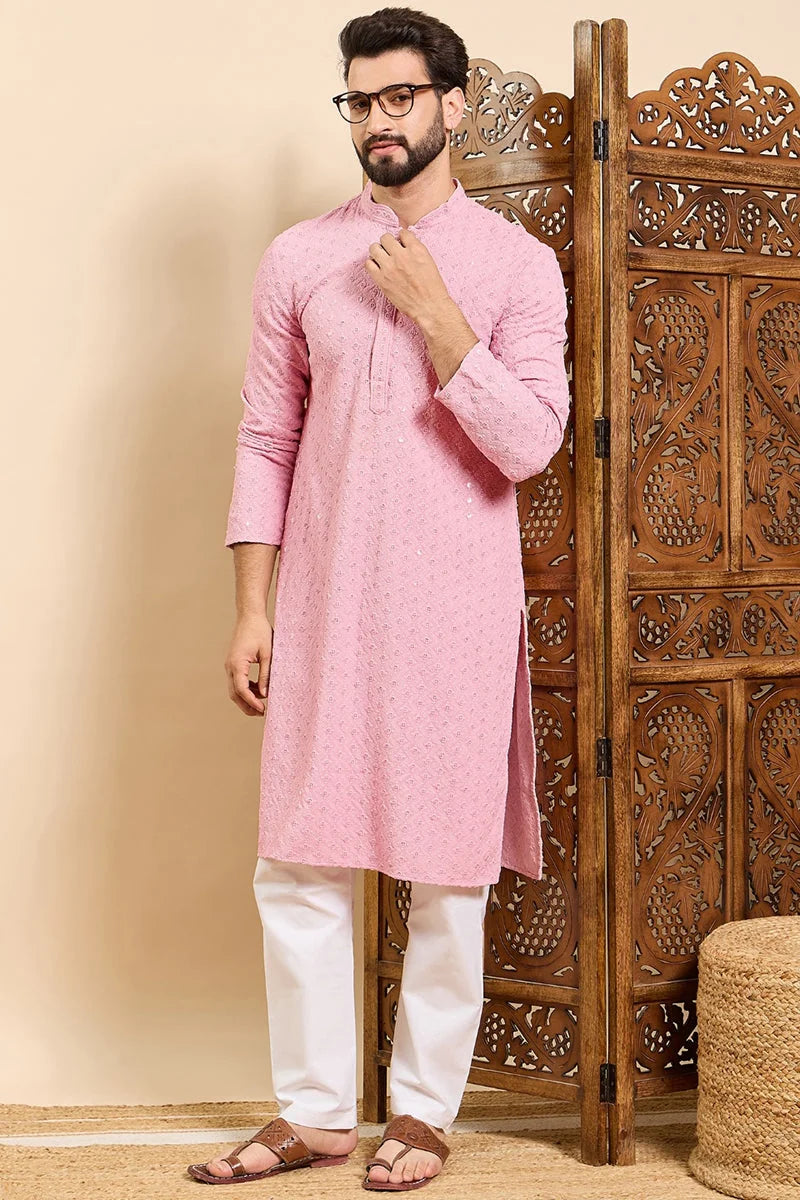 Pink Embroidered Indian Kurta for Men - Viscose Mens Kurta