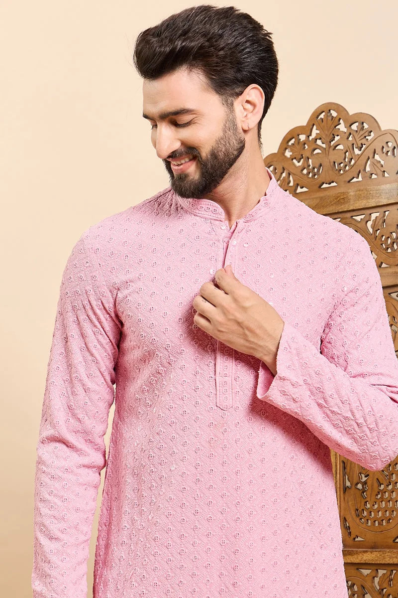 Pink Embroidered Indian Kurta for Men - Viscose Mens Kurta