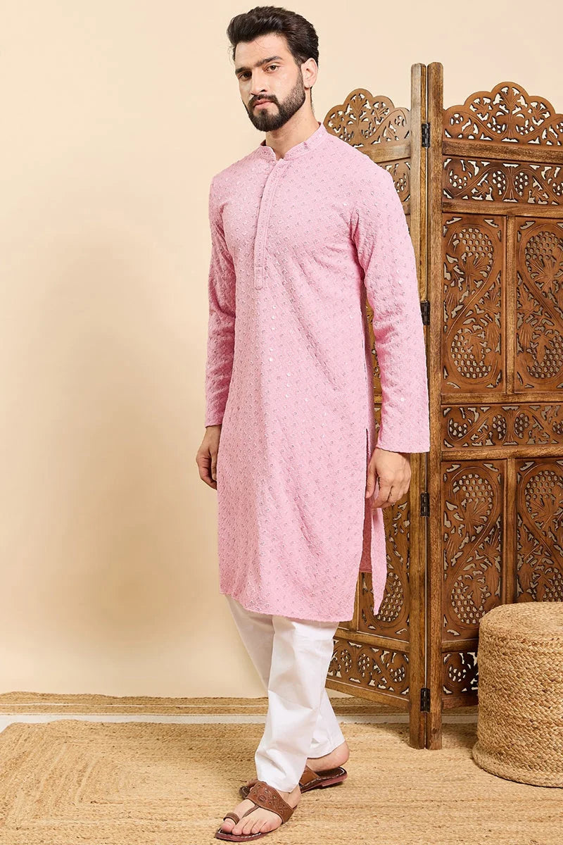 Pink Embroidered Indian Kurta for Men - Viscose Mens Kurta