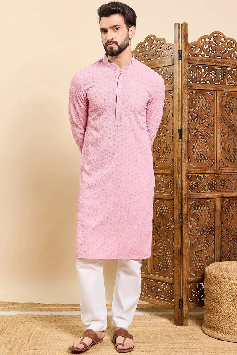 Pink Embroidered Indian Kurta for Men - Viscose Mens Kurta